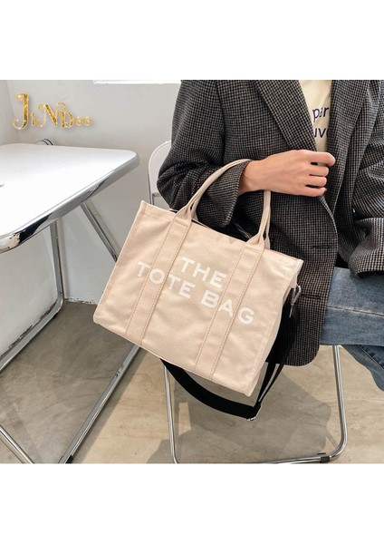 Haki Stili 32CM-15CM-26CM Moda Tasarımcıları Edebi Mektup Baskı Kadın Bez Çanta Kadın Büyük Kapasiteli Tuval Omuz Kadın Çapraz Alışveriş Çantası (Yurt Dışından) indirimleri