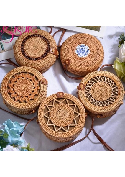 No.9 Tarzı Gusure Vintage El Yapımı Crossbody Kadın Çantası Yuvarlak Plaj Daire Kamış Örgü Çanta Küçük Omuz Çantaları Bohem Çanta Seyahat Stilleri (Yurt Dışından) modelleri