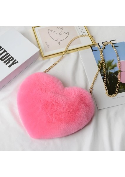 Koyu Pembe Tarzı 2021 Sahte Peluş Kalp Şeklinde Omuz Çantası Kış Kadın Sevimli Debriyaj Çanta Aşk Çanta Zincir Messenger Çanta Bayanlar Crossbody Çanta (Yurt Dışından)