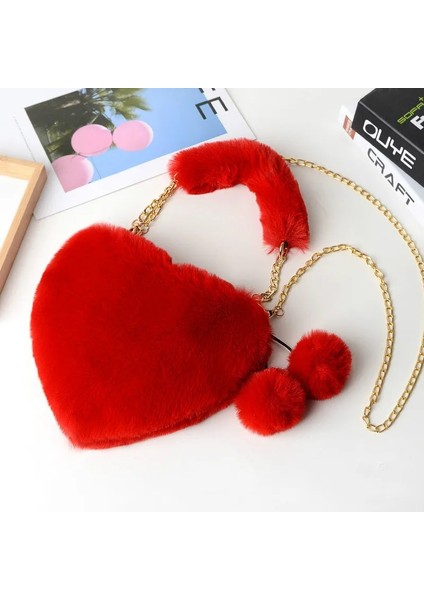 Koyu Pembe Tarzı 2021 Sahte Peluş Kalp Şeklinde Omuz Çantası Kış Kadın Sevimli Debriyaj Çanta Aşk Çanta Zincir Messenger Çanta Bayanlar Crossbody Çanta (Yurt Dışından)
