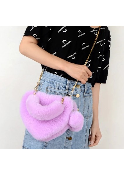 Koyu Pembe Tarzı 2021 Sahte Peluş Kalp Şeklinde Omuz Çantası Kış Kadın Sevimli Debriyaj Çanta Aşk Çanta Zincir Messenger Çanta Bayanlar Crossbody Çanta (Yurt Dışından)