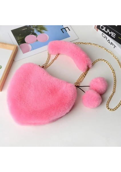 Koyu Pembe Tarzı 2021 Sahte Peluş Kalp Şeklinde Omuz Çantası Kış Kadın Sevimli Debriyaj Çanta Aşk Çanta Zincir Messenger Çanta Bayanlar Crossbody Çanta (Yurt Dışından)