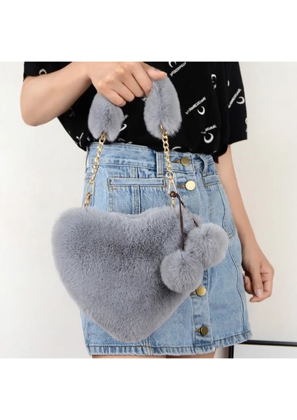 Koyu Pembe Tarzı 2021 Sahte Peluş Kalp Şeklinde Omuz Çantası Kış Kadın Sevimli Debriyaj Çanta Aşk Çanta Zincir Messenger Çanta Bayanlar Crossbody Çanta (Yurt Dışından)