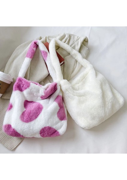 Siyah Stil Fluffy Plush Bags For Women Female Handbags Large Capacity Tote Ladies Shoulder Messenger Bag Simple Animal Printed Cheap Bags (Yurt Dışından) fırsatları