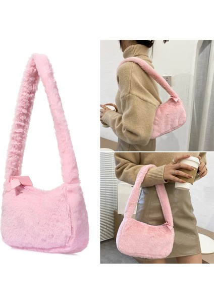 Kensen Shop A-Pembe Tarzı 2021 Kadın Kabarık Peluş Faux Kürk Omuz Çantası Moda Messenger Çanta Katı Peluş Çanta Tote Kadın Bayan Kış Çanta (Yurt Dışından)