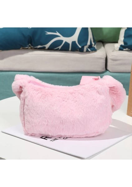 Kensen Shop A-Pembe Tarzı 2021 Kadın Kabarık Peluş Faux Kürk Omuz Çantası Moda Messenger Çanta Katı Peluş Çanta Tote Kadın Bayan Kış Çanta (Yurt Dışından)