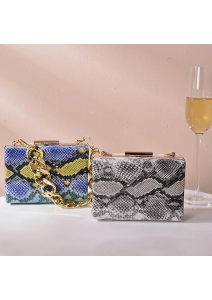 Resim Bir Stil Kalın Zincir Yılan Baskı Debriyaj Çanta Wome Moda Parti Akşam Omuz Çantaları Lüks Çanta Serpantin Akşam Yemeği Bolsas Mujer (Yurt Dışından) indirimleri