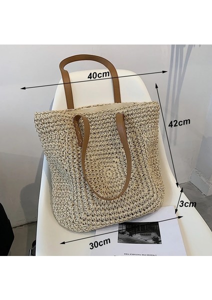 Bej Stil1 Stil Yogodlns Yaz Büyük Kapasiteli Hasır Omuz Çantası Rattan Plaj Çantaları Dokuma Saplı Çanta Rahat Bayan Tote Alışveriş Çanta Debriyaj (Yurt Dışından)