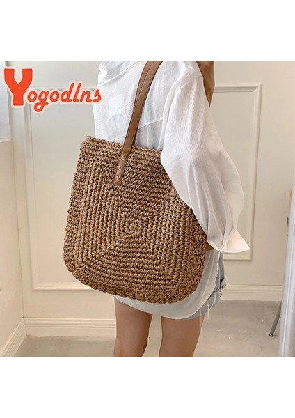 Bej Stil1 Stil Yogodlns Yaz Büyük Kapasiteli Hasır Omuz Çantası Rattan Plaj Çantaları Dokuma Saplı Çanta Rahat Bayan Tote Alışveriş Çanta Debriyaj (Yurt Dışından) modelleri