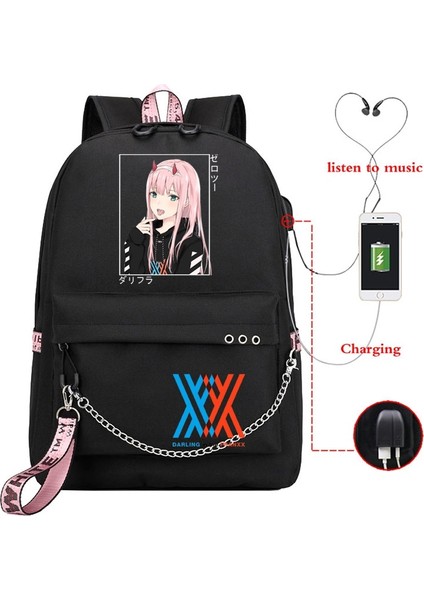 GN-DARLING41H-D15 Stili Anime Darling In The Franxx Zero Iki Okul Sırt Çantası USB Şarj Harajuku Rahat Anime Grafik Genç Kız Okul Çantası (Yurt Dışından)