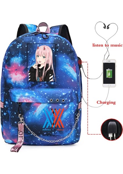 GN-DARLING41H-D15 Stili Anime Darling In The Franxx Zero Iki Okul Sırt Çantası USB Şarj Harajuku Rahat Anime Grafik Genç Kız Okul Çantası (Yurt Dışından)