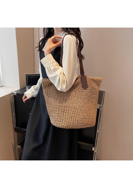 Haki Tarzı Lüks Tasarım Saman Dokuma Bez Çantalar Yaz Rahat Büyük Kapasiteli Çanta Kova Sepeti Plaj Çantaları Kadın Omuz Alışveriş Çantaları (Yurt Dışından) modelleri