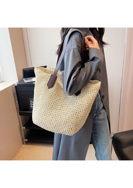 Haki Tarzı Lüks Tasarım Saman Dokuma Bez Çantalar Yaz Rahat Büyük Kapasiteli Çanta Kova Sepeti Plaj Çantaları Kadın Omuz Alışveriş Çantaları (Yurt Dışından) fırsatları