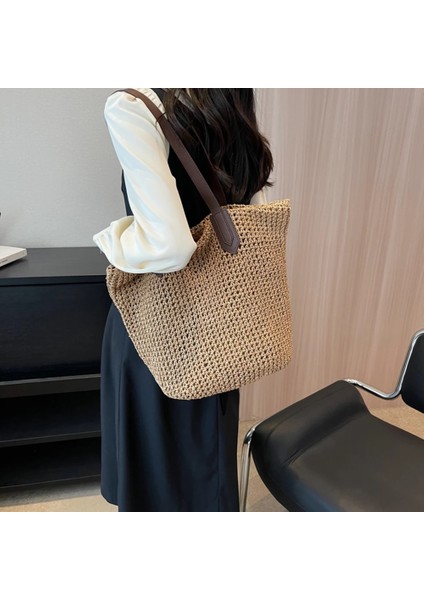 Haki Tarzı Lüks Tasarım Saman Dokuma Bez Çantalar Yaz Rahat Büyük Kapasiteli Çanta Kova Sepeti Plaj Çantaları Kadın Omuz Alışveriş Çantaları (Yurt Dışından) indirimleri