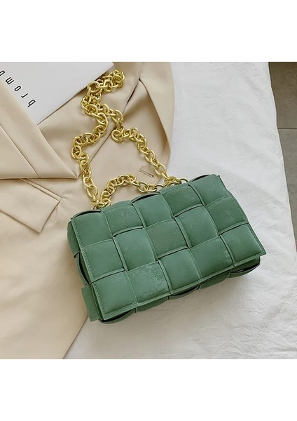 Yeşil Stil 25X7X17CM Moda Zinciri Örgülü Buzlu Taşınabilir Kare Çanta Pu Moda Lüks Tasarımcı Omuz Messenger Çanta Doku Kadın Çantası (Yurt Dışından)
