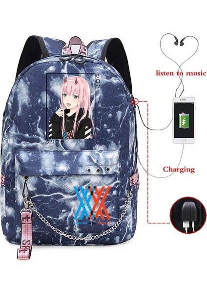 LGBU-SEVGILIM41H-D15 Stili Anime Darling In The Franxx Zero Iki Okul Sırt Çantası USB Şarj Harajuku Rahat Anime Grafik Genç Kız Okul Çantası (Yurt Dışından)