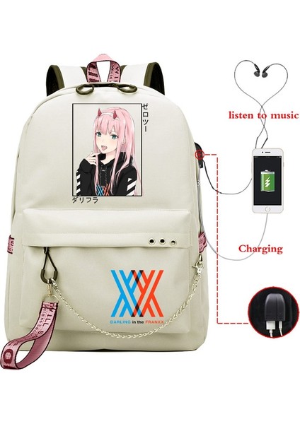 LGBU-SEVGILIM41H-D15 Stili Anime Darling In The Franxx Zero Iki Okul Sırt Çantası USB Şarj Harajuku Rahat Anime Grafik Genç Kız Okul Çantası (Yurt Dışından)