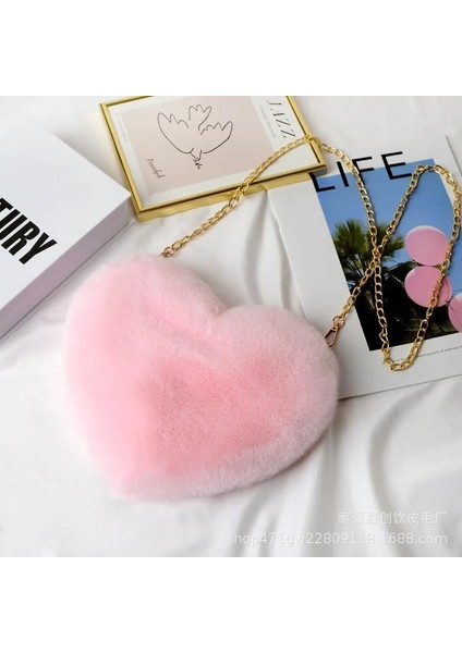 Açık Pembe Tarzı 25CM x 20CM Moda Kalp Şeklinde Faux Kürk Crossbody Çanta Wome Için Yeni Cüzdan Çanta Zincir Omuz Çantası Zinciri Tatlı Bayan Kız Çanta (Yurt Dışından)