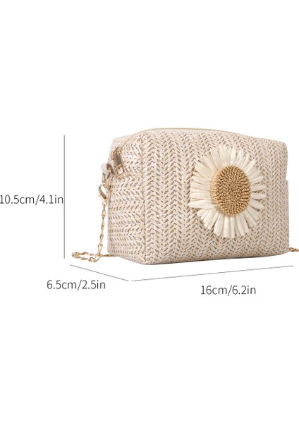 Beyaz Stil Yaz Hasır Çanta Kadınlar Için Omuz Çantası Rahat Rafya Hasır Crossbody Çanta Çiçek Baskı Zincir Çanta Boho Seyahat Vacatio (Yurt Dışından)