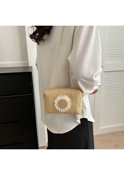 Beyaz Stil Yaz Hasır Çanta Kadınlar Için Omuz Çantası Rahat Rafya Hasır Crossbody Çanta Çiçek Baskı Zincir Çanta Boho Seyahat Vacatio (Yurt Dışından) modelleri