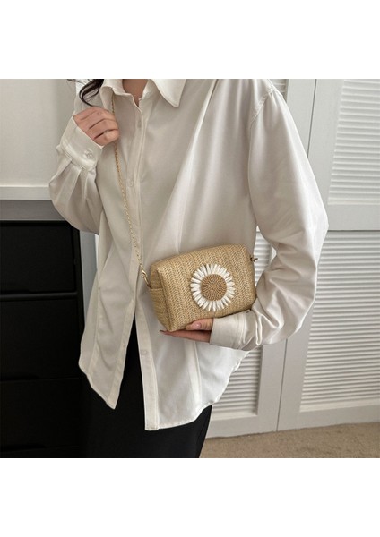 Beyaz Stil Yaz Hasır Çanta Kadınlar Için Omuz Çantası Rahat Rafya Hasır Crossbody Çanta Çiçek Baskı Zincir Çanta Boho Seyahat Vacatio (Yurt Dışından) fırsatları