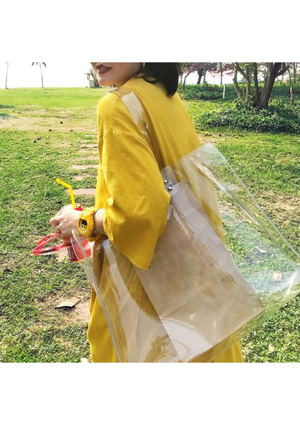 Kırmızı Stil Pvc Şeffaf Çanta Rahat Kadın Büyük Kapasiteli Alışveriş Omuz Çantaları Taşınabilir Yaz Lucid Plaj Tote Bolsas Kadınlar Için (Yurt Dışından) indirimleri