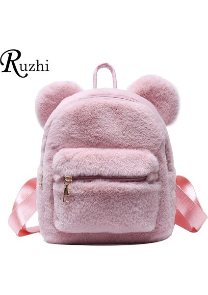 Pembe Tarzı Peluş Kadın Sırt Çantası Ayı Kulakları ile Kürk Omuzlar Çanta Sevimli Kürklü Kadın Çanta Çanta Kız Için Paketleri Kpop Mini Sırt Çantası Lady (Yurt Dışından)