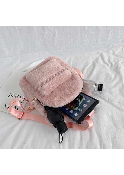 Pembe Tarzı Peluş Kadın Sırt Çantası Ayı Kulakları ile Kürk Omuzlar Çanta Sevimli Kürklü Kadın Çanta Çanta Kız Için Paketleri Kpop Mini Sırt Çantası Lady (Yurt Dışından)