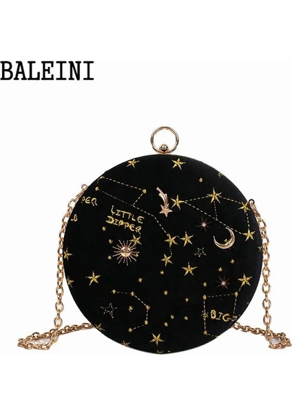 Siyah Stil 2020YILDIZLI Gökyüzü Dairesel Moda Süet Omuz Çantası Zincir Kemer Kadın Crossbody Messenger Çanta Bayan Çanta Kadın Yuvarlak Çanta (Yurt Dışından)