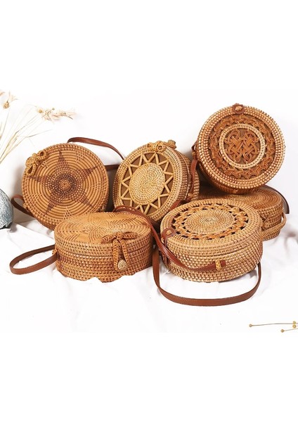 LOUKONG18X8 Stili 20X8CM Daire El Dokuması Kadın Postacı Çantaları Yuvarlak Retro Rattan Hasır Plaj Crossbody Çanta Li Bolsa Masculina (Yurt Dışından)