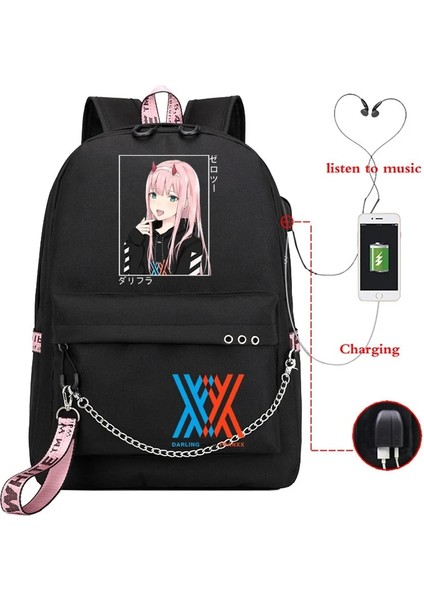 BK-SEVGILIM41B-D15 Stili Anime Darling In The Franxx Zero Iki Okul Sırt Çantası USB Şarj Harajuku Rahat Anime Grafik Genç Kız Okul Çantası (Yurt Dışından)