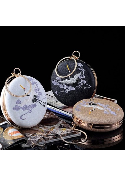 No.1 Tarzı 18CMX18CMX5.5CM Zarif Whiteblackapricot 3 Renk Mini Crossbody Çanta Uzun Zincirli Kadın Daire Şekli Vinç Nakış Uzun Zincirli Manşonlar Çanta (Yurt Dışından) fiyatları