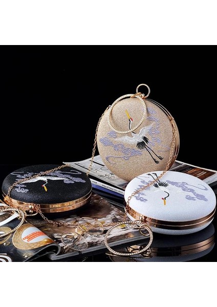 No.1 Tarzı 18CMX18CMX5.5CM Zarif Whiteblackapricot 3 Renk Mini Crossbody Çanta Uzun Zincirli Kadın Daire Şekli Vinç Nakış Uzun Zincirli Manşonlar Çanta (Yurt Dışından) modelleri