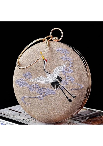 No.1 Tarzı 18CMX18CMX5.5CM Zarif Whiteblackapricot 3 Renk Mini Crossbody Çanta Uzun Zincirli Kadın Daire Şekli Vinç Nakış Uzun Zincirli Manşonlar Çanta (Yurt Dışından) fırsatları