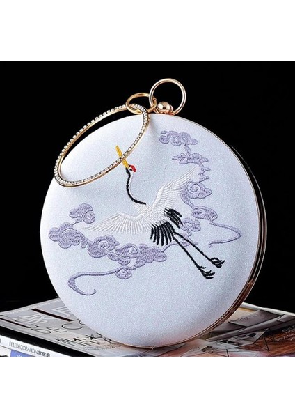 No.1 Tarzı 18CMX18CMX5.5CM Zarif Whiteblackapricot 3 Renk Mini Crossbody Çanta Uzun Zincirli Kadın Daire Şekli Vinç Nakış Uzun Zincirli Manşonlar Çanta (Yurt Dışından) indirimleri