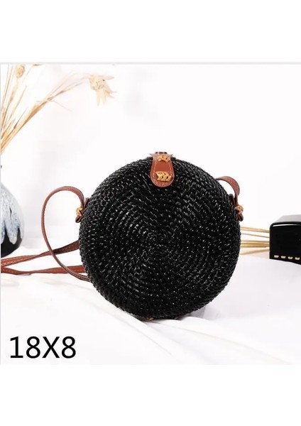 SIYAH18X8 Tarzı Dokuma Kamış Örgü Çanta Yuvarlak Hasır Omuz Çantası Küçük Plaj Çantaları Kadın Yaz Hollow El Yapımı Messenger Crossbody Çanta (Yurt Dışından)