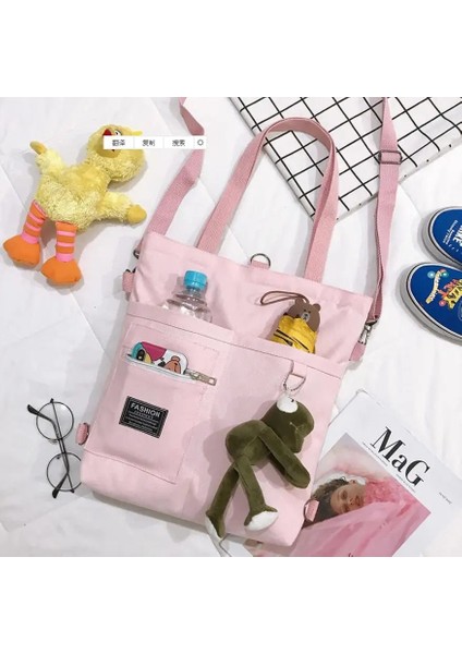 Pembe Kurbağa Kolye Tarzı Tuval Kadın Çanta Omuz Çantaları Büyük Kapasiteli Basit Katlanır Çanta Tote Alışveriş Çantası Kurbağa Kolye ile Kız Için Kitap Çantaları (Yurt Dışından)