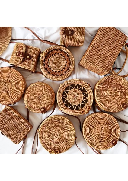 Kensen Shop Stil 12-13X13CM Stili Hasır Plaj Çantası El Yapımı Örgü Örgü Desenli Yuvarlak Rattan Çanta Kadın Yaz Bali Bohemia Omuz Çantası Çanta (Yurt Dışından)