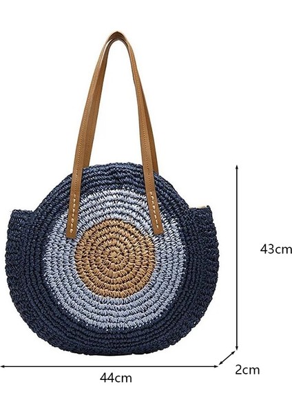 Mavi Stil Yuvarlak Hasır Plaj Çantası Eski El Yapımı Dokuma Omuz Çantası Rafya Daire Rattan Çantalar Bohem Yaz Tatili Günlük Çantalar (Yurt Dışından)