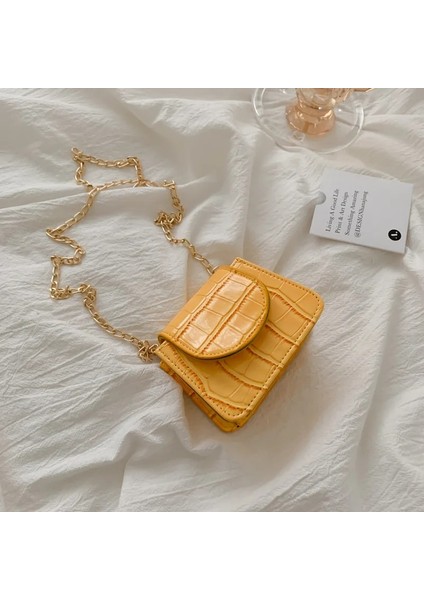 Sarı Stil 12CMX5.5CMX9.5CM Mini Küçük Kare Flap Çanta Moda Yeni Pu Deri Kadın Çanta Timsah Desen Zincir Omuz Messenger Çanta (Yurt Dışından)