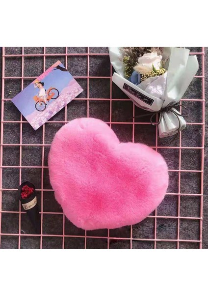 Sıcak Pembe Tarzı Moda Kadın Kalp Şeklinde Çanta Sevimli Kawaii Faux Kürk Crossbody Çanta Cüzdan Çanta Peluş Zincir Omuz Çantası Bayan Çanta (Yurt Dışından)