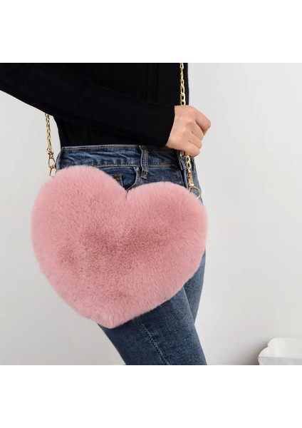 Sıcak Pembe Tarzı Moda Kadın Kalp Şeklinde Çanta Sevimli Kawaii Faux Kürk Crossbody Çanta Cüzdan Çanta Peluş Zincir Omuz Çantası Bayan Çanta (Yurt Dışından) fırsatları
