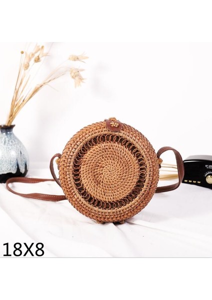 18X8CM Tarzı Dokuma Kamış Örgü Çanta Yuvarlak Hasır Omuz Çantası Küçük Plaj Çantaları Kadın Yaz Hollow El Yapımı Messenger Crossbody Çanta (Yurt Dışından)