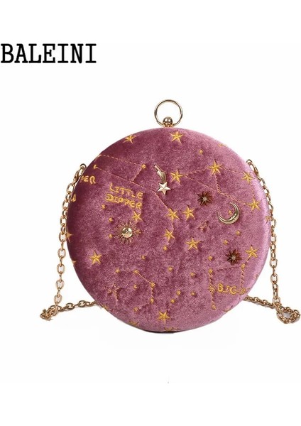 Pembe Tarzı 2020YILDIZLI Gökyüzü Dairesel Moda Süet Omuz Çantası Zincir Kemer Kadın Crossbody Messenger Çanta Bayan Çanta Kadın Yuvarlak Çanta (Yurt Dışından)