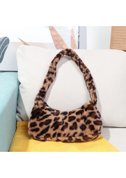 Leopar Tarzı Peluş Tote Çanta Wome Moda Inek Baskı Omuz Çantası Leopar Baskı Yumuşak Peluş Çanta Kadın Kış Messenger Çanta (Yurt Dışından)
