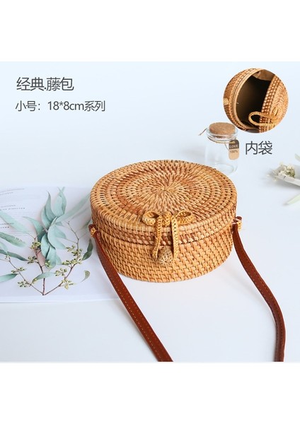 XIAOHUDIE18X8CM Tarzı Dokuma Kamış Örgü Çanta Yuvarlak Hasır Omuz Çantası Küçük Plaj Çantaları Kadın Yaz Hollow El Yapımı Messenger Crossbody Çanta (Yurt Dışından)
