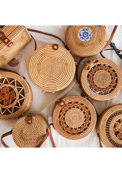 XIAOHUDIE18X8CM Tarzı Dokuma Kamış Örgü Çanta Yuvarlak Hasır Omuz Çantası Küçük Plaj Çantaları Kadın Yaz Hollow El Yapımı Messenger Crossbody Çanta (Yurt Dışından) modelleri