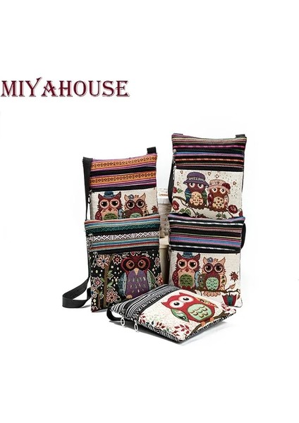 Kensen Shop 550C Tarzı Miyahouse Rahat Küçük Çift Fermuarlı Messenger Çanta Kadın Karikatür Baykuş Baskılı Flap Çanta Omuz Çantası Bayanlar (Yurt Dışından)