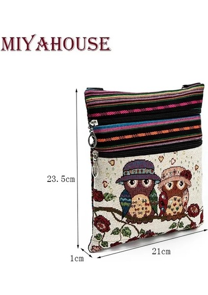 Kensen Shop 550C Tarzı Miyahouse Rahat Küçük Çift Fermuarlı Messenger Çanta Kadın Karikatür Baykuş Baskılı Flap Çanta Omuz Çantası Bayanlar (Yurt Dışından)