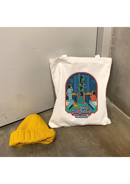 Beyaz Stil Death Evil Devil Alien Baskı Yeni Rahat Harajuku Kadın Omuz Kanvas Çanta Ins Büyük Kapasiteli Tote Vogue Yeniden Kullanılabilir Kadın Çantaları (Yurt Dışından)